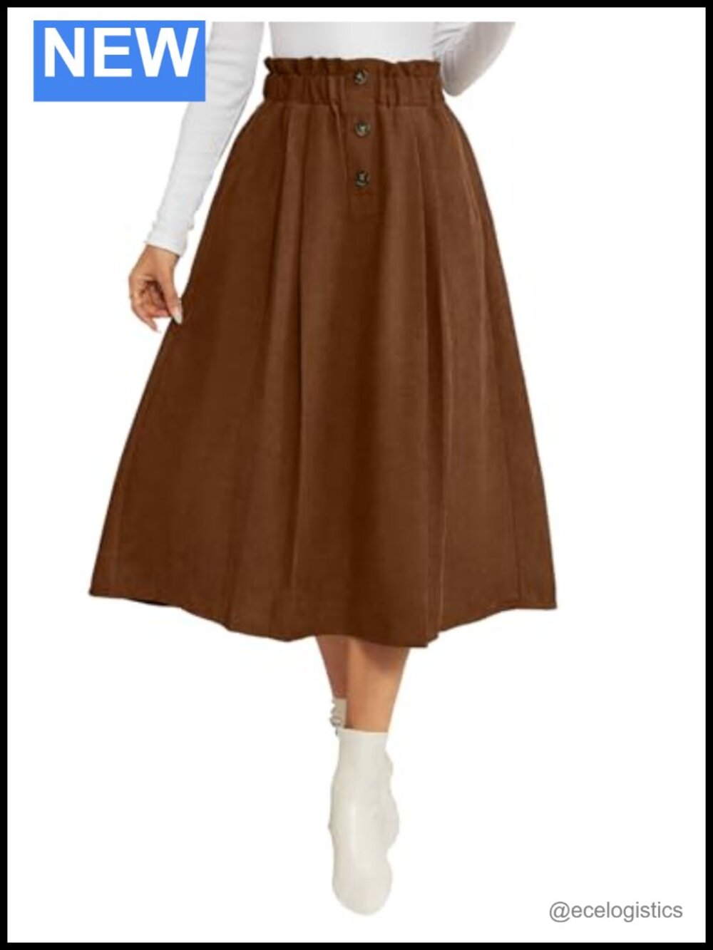 Corduroy High Waisted A-Line Pleated Midi Skirt with Pockets